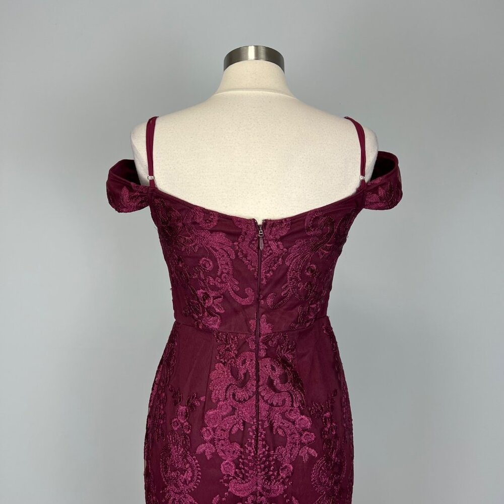 Off-Shoulder Burgundy Lace Maxi Dress - Picture 11 of 16